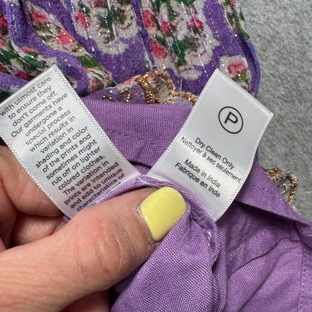 Hemant and Nandita Mini Dress Purple Floral Metallic Ruffle XS Bohemian Tassel - Picture 7 of 9